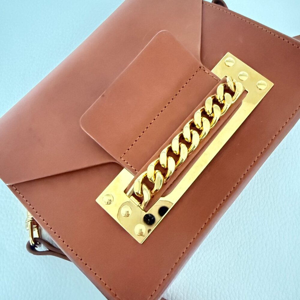 SOPHIE HULME LONDON COCKTAIL STIRRUP BAG TAN LEATHER GOLD CHAIN CROSSBODY RARE - Picture 5 of 7